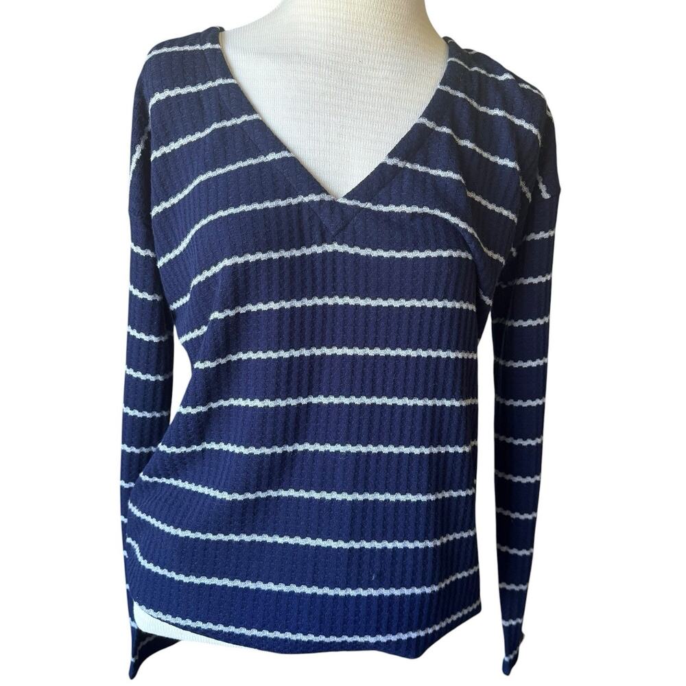 NWT Chaser Womens M Waffle Knit Blue Striped V-Neck Top Shirt Long Sleeve Strap